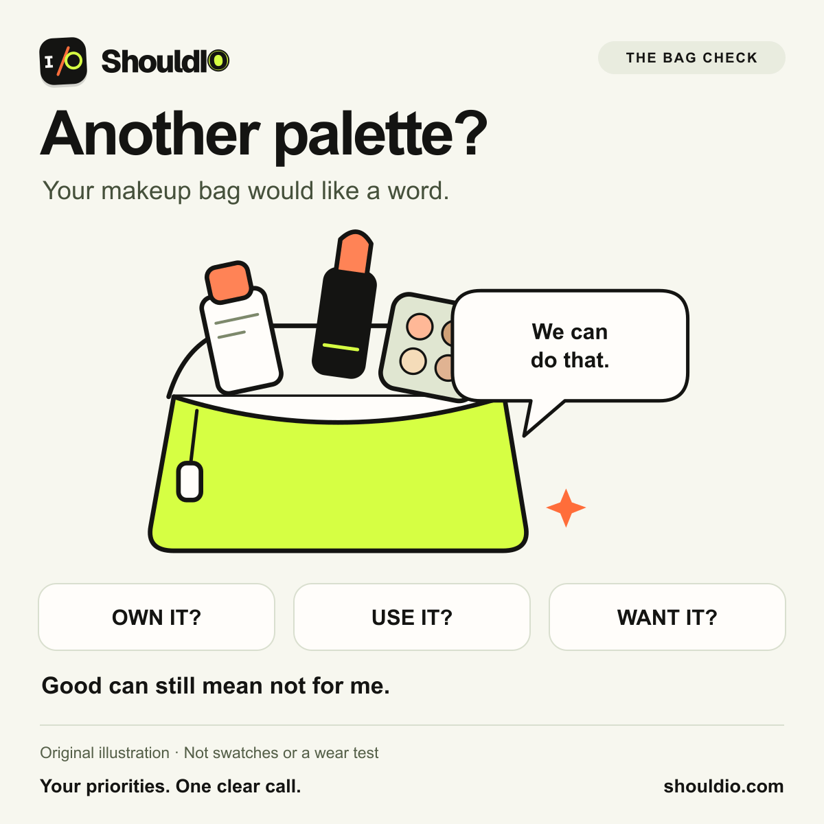 Original ShouldIO makeup bag illustration asking what you own, use and want.