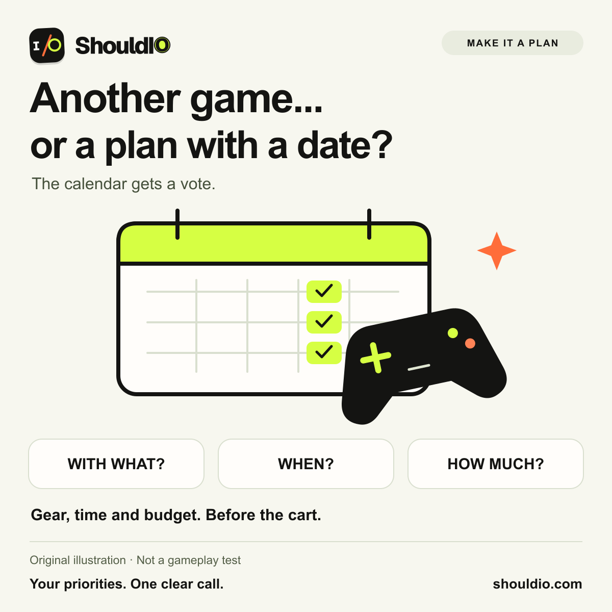 Original ShouldIO calendar with three planned game nights and a controller.
