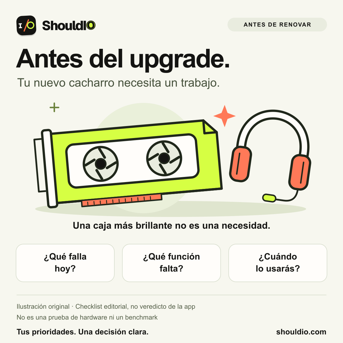Lista original de ShouldIO con una tarjeta gráfica, auriculares y tres preguntas antes de renovar.